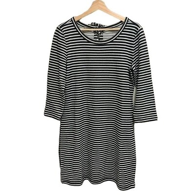 #ad T by Talbots Womens Terry Knit Black and White Striped Dress 3 4 Sleeve Size Med $15.99