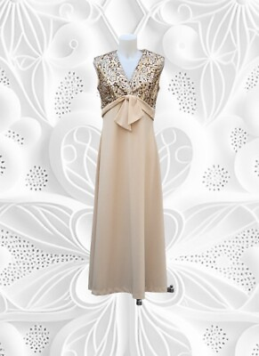 #ad Vintage 1960s Woman#x27;s Hostess Long Maxi Dress Tan Floral Bow Metallic Gold M L $50.00