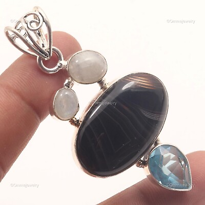 #ad Banded Black Onyx Gemstone Jewelry Silver Plated Gift For Mother Pendant 2.4quot; $3.99