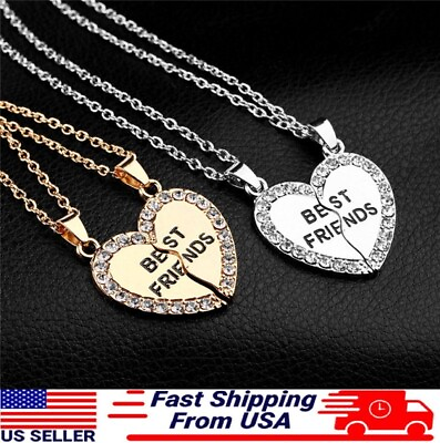 #ad 2Pcs BEST FRIEND BFF Heart Shaped Necklace Friendship Rhinestone Pendant Gift US $5.12