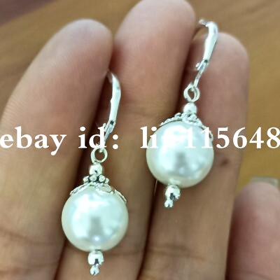 #ad Beautiful 8mm White Shell Pearl Round Bead Earrings $2.99
