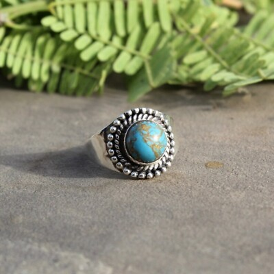 #ad Sterling 925 Silver Ring Genuine Blue Copper Turquoise Fine Jewelry $11.86