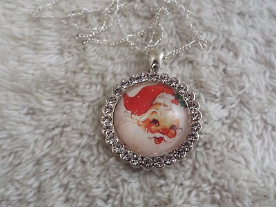 #ad Silvertone Rhinestone Santa Claus Christmas Pendant Necklace B6 $8.65