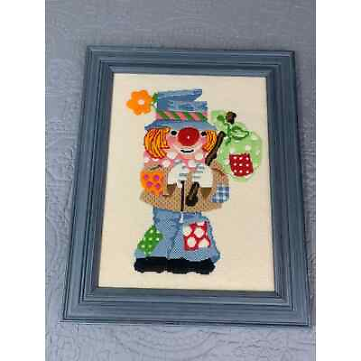 #ad Vintage Crewel Hobo Clown Framed 14 x 18 Needlepoint Handmade Quirky Groovy $39.00