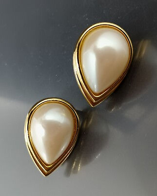 #ad Vintage Earrings Monet Faux Pearl Gold Tone Clip On Signed 1quot; Teardrop Shape $35.00