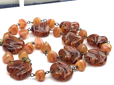 #ad Vintage Necklace Murano Glass Amber Stripe Brass Linked Bead Strand $34.00