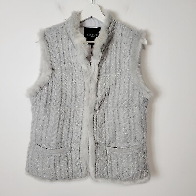 #ad Talbots Size M Petite Silver Metallic Cable Knit Faux Fur Primaloft Vest Lined $20.92