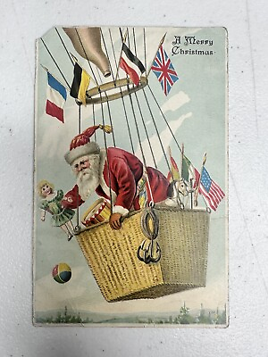 #ad Antique Santa Claus Hot Air Balloon Postcard Victorian Christmas Collectible $31.49