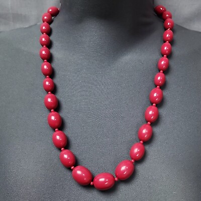 #ad Vintage Chunky Maroon Pink Graduated Acrylic Oval Bead Necklace 24 inch long $12.00