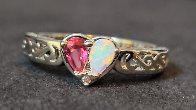 #ad White Fire Opal Ruby Heart 925 Silver Ring Jewelry Size 8 1885 $21.00