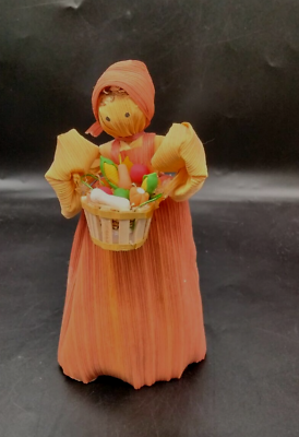 #ad Vintage Handmade Woman Girl with Vegetable Basket Corn Husk 6” Doll Folk Art $10.49