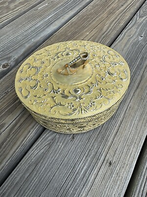 #ad Vintage Gold Oval Jewelry Trinket Box Rococo Style Filigree Heel On Top $59.00