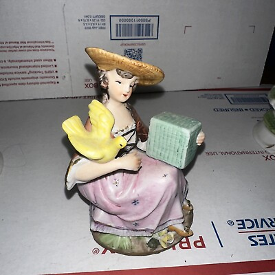 #ad Vintage Ceramic Figure Women With Birdamp;Victorian England Dress Hat Yellow 1012 $14.00