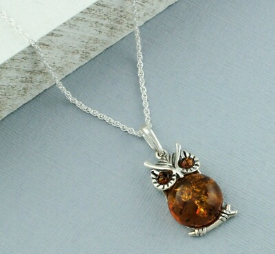#ad 925 Sterling Silver Baltic Amber Owl Pendant Chain Necklace 24quot; $64.14