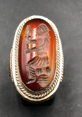 #ad Old Ancient Indo Greek Bactrian carnelian signet silver ring Intaglio $61.00