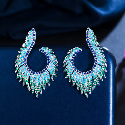 #ad Unique Geometric Turkish Blue CZ 925 Silver Long Fringed Stud Earrings for Women $10.62