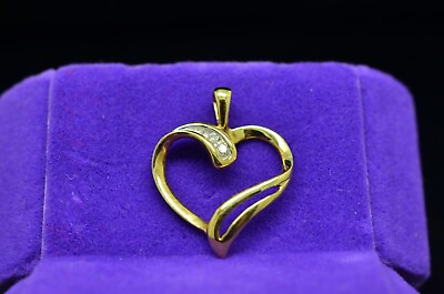#ad 10K Yellow Gold three stone diamond open heart pendant charm 0.03 tcw $68.63