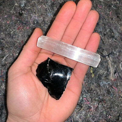 #ad One 1 Charged Black Obsidian Rough Gemstone A FREE Selenite Charging Stick $11.00