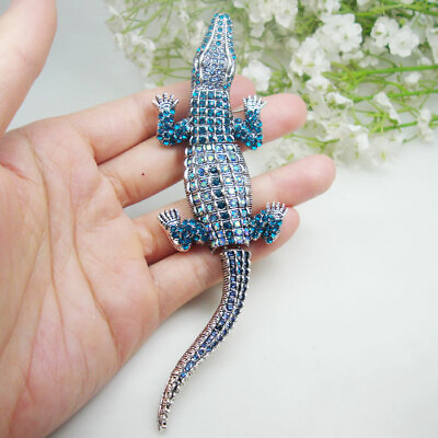 #ad #ad Long Crocodile Fashion Animal Pendant Brooch Pin Blue Rhinestone Crystal $11.29
