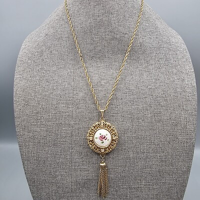 #ad Vintage Tassel Pendant Necklace Gold Tone Filigree White Guilloche Enamel Flower $29.99