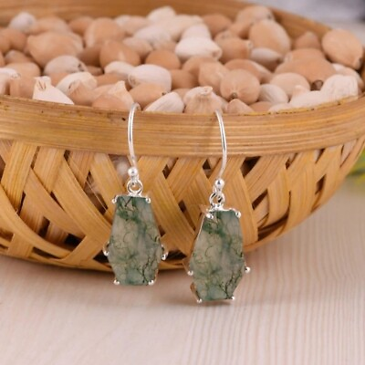 #ad Unique Coffin Shaped Natural Moss Agate Earrings in 925 Sterling Silver Gifts $34.99