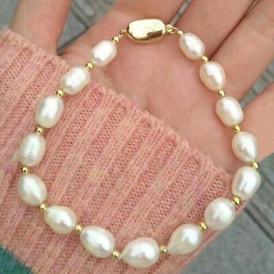 #ad very charming AAA Akoya 10 12mm white natural pearl bracelet 7.5 8quot; Silver 925 $23.99