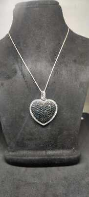 #ad 14kt White Gold Finish Black Gemstone Big Heart pendant Necklace Sterling Silver $155.24