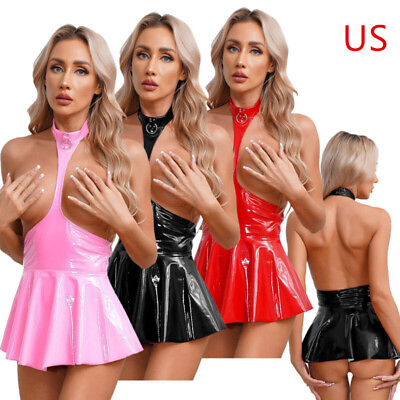 #ad US Womens Shiny PVC Leather Lingerie Sexy Open Breast Mini Dress Party Clubwear $6.43