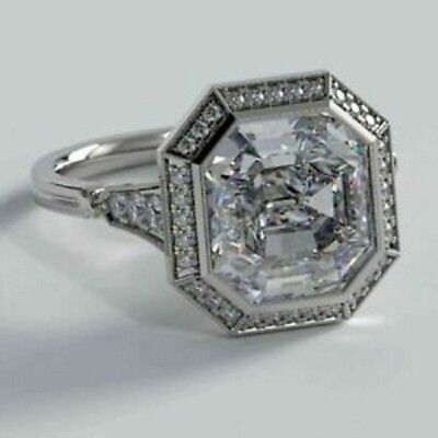 #ad 935 Argentium Silver Halo Brilliant Asscher Round Cut CZ Wedding Women Love Ring $136.79