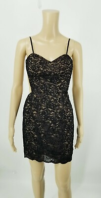 #ad Basix Black Label Mini Dress Womens Size 4 Black Beaded Sweetheart Lace Ilusions $37.49