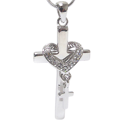 #ad Crystal Heart and Cross Pendant Necklace White Gold $13.94