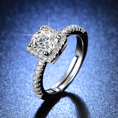 #ad Square Silver Halo Princess C. Zirconia Wedding Engagement Adjustable Ring R18 $9.99