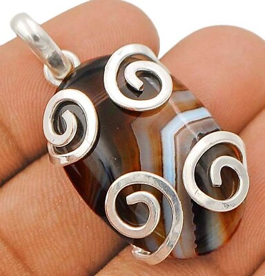 #ad Natural Banded Agate 925 Solid Sterling Silver Pendant ED27 2 $31.99