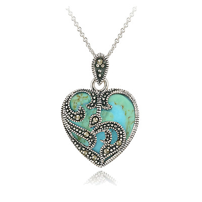 #ad 925 Sterling Silver Marcasite amp; Turquoise Heart Necklace $19.99