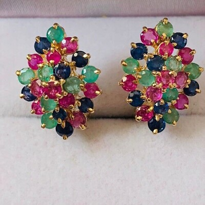 #ad 4CT 14k Simulated Yellow Gold Plated Cluster Omega Back Earrings Ruby Sapphire $85.08