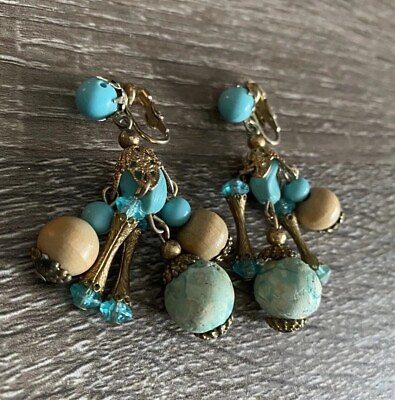 #ad Vtg Turquoise Beaded Drop Chandelier Earrings Blue Gold Natural Boho Clip On $15.99