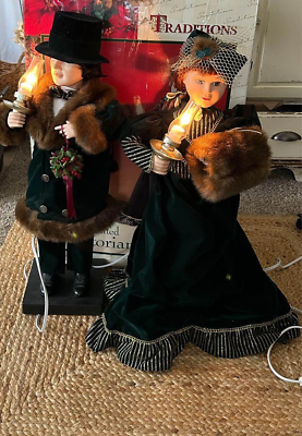 #ad Traditions Christmas Animated Green Victorian Carolers Lighted Candle 27”Tested $120.00