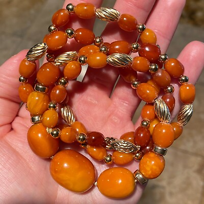 #ad 14K Gold Baltic Egg Yolk Butterscotch Amber Graduated Bead Necklace 31quot; $850.00