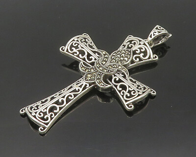#ad 925 Sterling Silver Marcasite Fleur De Lis Religious Cross Pendant PT14528 $129.30
