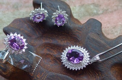 #ad 1set Certified Natural Amethyst Silver 925 Cabochon Earring Necklace Ring 456280 $182.40