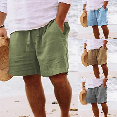 #ad Mens Summer Cotton Linen Shorts Drawstring Beach Hawaiian Waist Short Pants $19.01