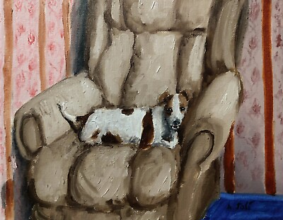 #ad Oil Painting Dog in Chair Window Light Animals Art A. Joli $140.00