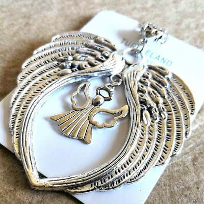 #ad Huge 925 Sterling Silver Eagle Hawk Feather Guardian Angel Wings Charms Necklace $15.74