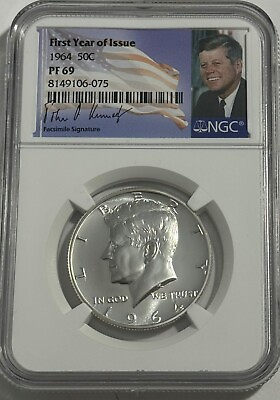 #ad 1964 NGC PF69 SILVER PROOF KENNEDY HALF DOLLAR BRIGHT WHITE COIN 50C 90% FYOI $129.95