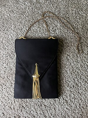 #ad Harry Rosenfeld Black Gold Hardware Metal Tassel Evening Formal Purse Cross Bag $58.95