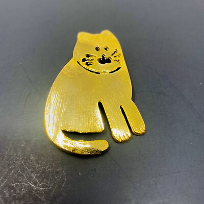 Vintage Gold Tone Chunky Sitting Cat Brooch Pin Brushed $9.99