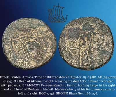 #ad 85 65 BC Greek Pontos Amisos Mithradates VI AE 29.4mm Athena amp; Perseus Coin $60.00
