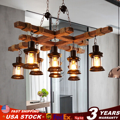 #ad 8Light Wooden Farmhouse Chandelier Hanging Lamp Pendant Lighting Ceiling Fixture $127.21