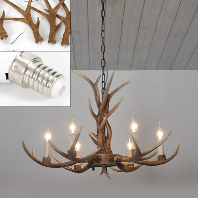 #ad 6 Lights Deer Horn Pendant Lamp Rustic Chandelier Vintage Hanging Light Fixture $112.10