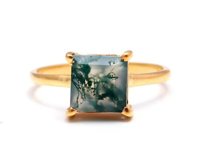 #ad Natural Moss Agate 925 Sterling Silver Gold Plated Square Shape Ring for Him $30.99